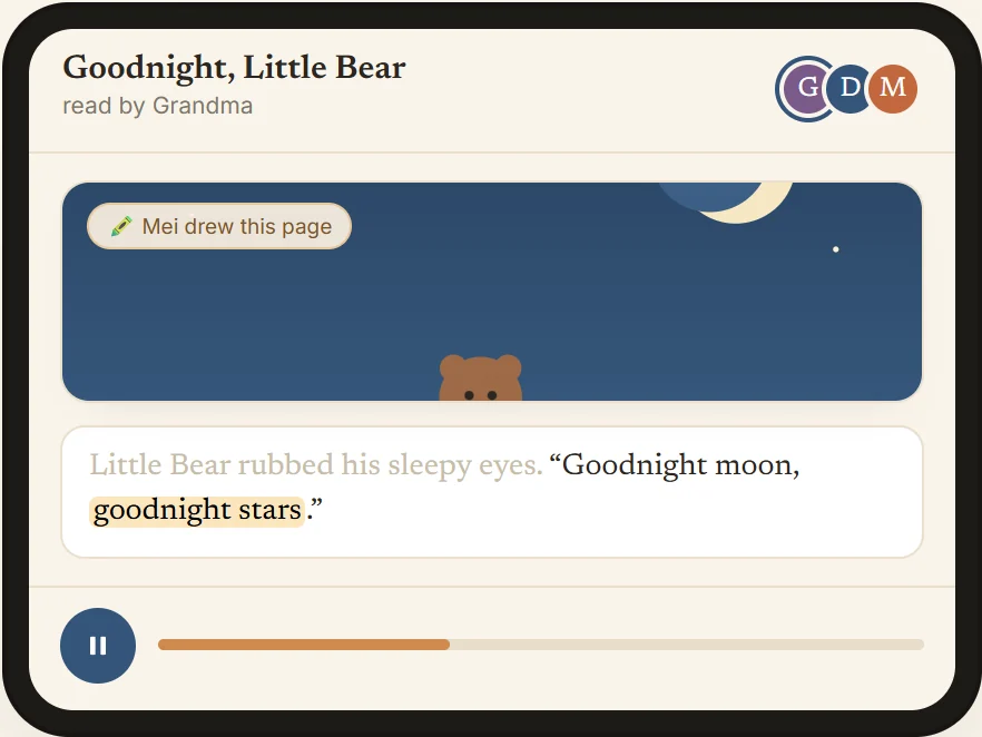 Catherine's Corner playing a picture book read by Grandma, with the words highlighted as she reads